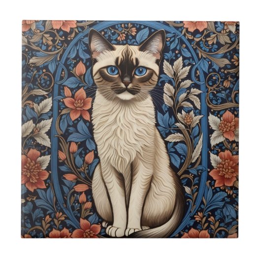 Blue Mit Augen Siamese Cat William Morris Inspirie Fliese (Vorderseite)