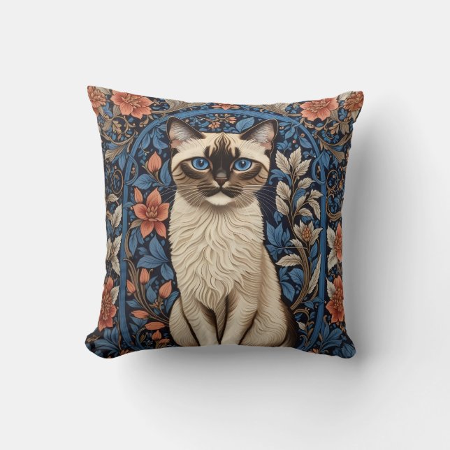 Blue Mit Augen Siamese Cat William Morris Inspirie Kissen (Vorderseite)