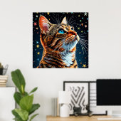 Blue-Mit Augen Tabby Cat Gazes bei Starry Night Sk Poster (Heimbüro)