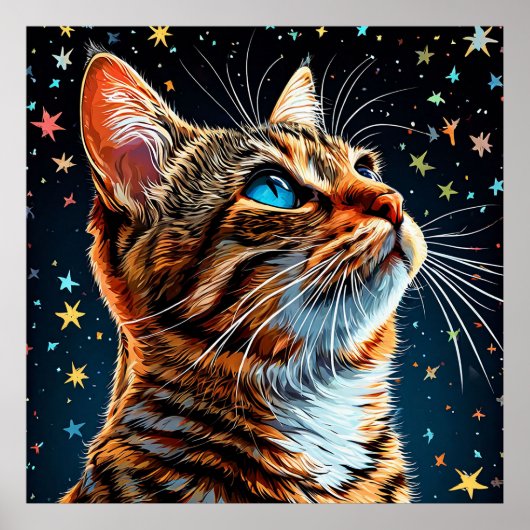 Blue-Mit Augen Tabby Cat Gazes bei Starry Night Sk Poster (Vorne)