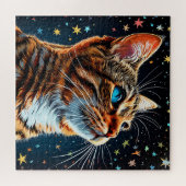 Blue-Mit Augen Tabby Cat Gazes bei Starry Night Sk Puzzle (Horizontal)