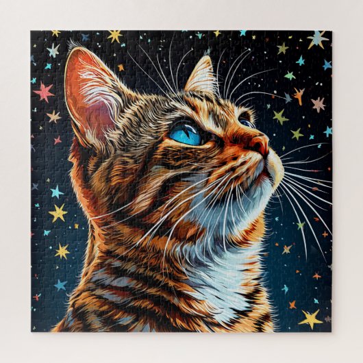 Blue-Mit Augen Tabby Cat Gazes bei Starry Night Sk Puzzle (Vertikal)