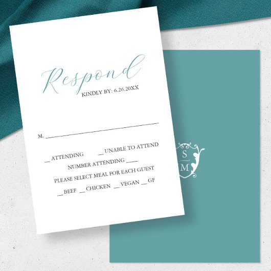 Blue mit Meal Choice Monogram RSVP Cards