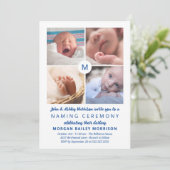 Blue Mit Monogramm Foto Collage Namemony Zeremonie Einladung (Stehend Vorderseite)