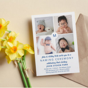 Blue Mit Monogramm Foto Collage Namemony Zeremonie Einladung