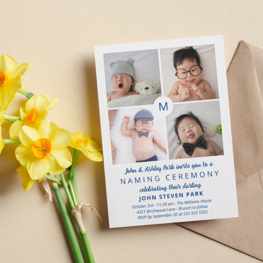 Blue Mit Monogramm Foto Collage Namemony Zeremonie Einladung