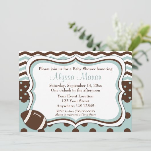 Blue Mod Football Baby Dusche Einladung (Stehend Vorderseite)