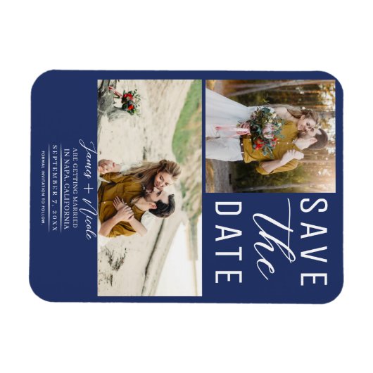 Blue Modern 2 Fotos Save the Date Hochzeit Magnet (Horizontal)