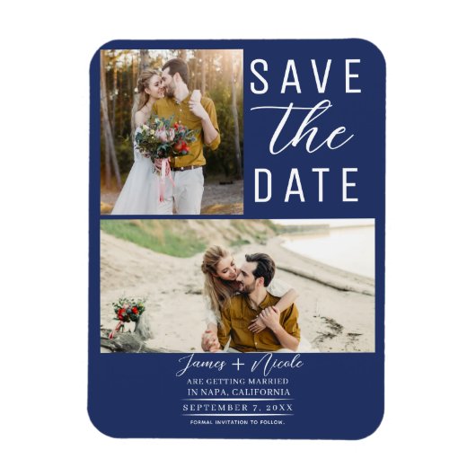 Blue Modern 2 Fotos Save the Date Hochzeit Magnet (Vertikal)
