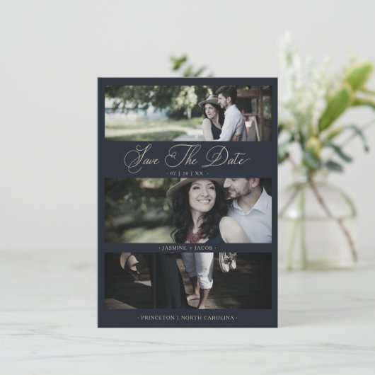Blue Modern 3 Wedding Engagement Photos Collage (Stehend Vorderseite)