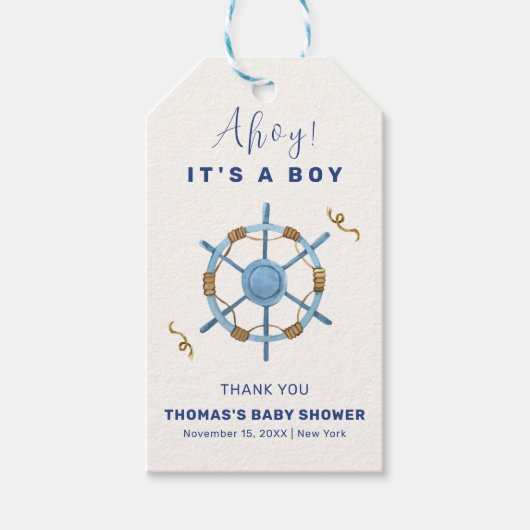Blue Modern Ahoy Nautical Boy Baby Dusche Geschenkanhänger (Vorderseite)
