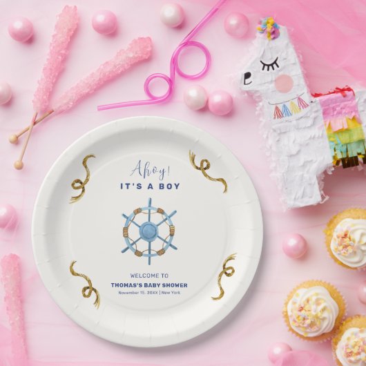 Blue Modern Ahoy Nautical Boy Baby Dusche Pappteller (Party)