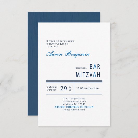 Blue Modern Bar Mitzvah Einladung (Vorne/Hinten)