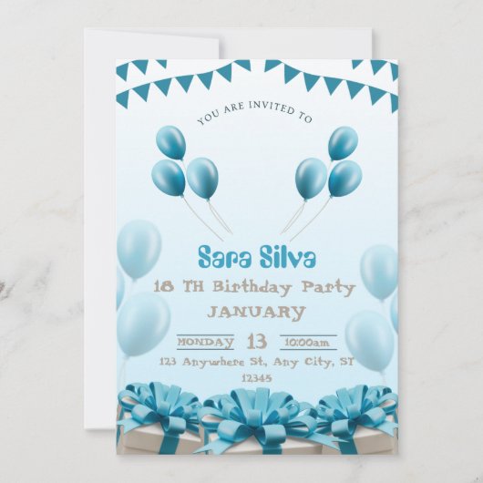 Blue Modern Birthday Invitation Card Einladung (Vorderseite)