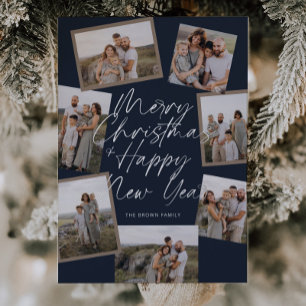 Blue Modern Boho 8 Foto Collage Weihnachten Folien Feiertagskarte