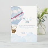 Blue Modern Boho Hot Air Ballon Babydusche Dankeskarte (Stehend Vorderseite)