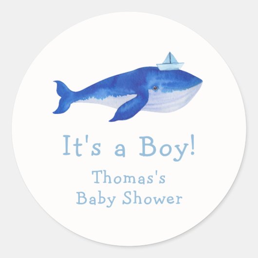 Blue Modern Boy Under Sea Whale Baby Shower Runder Aufkleber (Vorderseite)