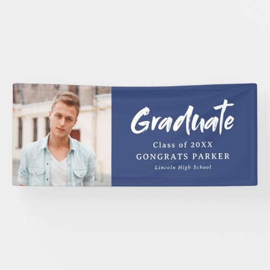 Blue Modern Brush Script Foto Graduation Party Banner (Horizontal)