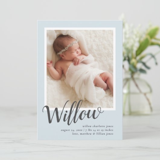 Blue Modern Calligraphy Baby Boy Birth Ankündigung (Stehend Vorderseite)