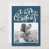 Blue Modern Calligraphy Foto Frohe Weihnachten (Vorderseite)