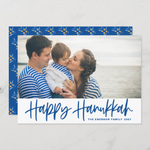 Blue Modern Calligraphy Happy Hanukkah Foto Feiertagskarte