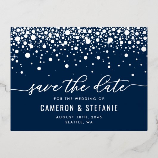 Blue Modern Confetti Silver Foil Save the Date Folie Einladungspostkarte (Vorderseite)
