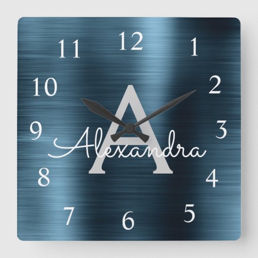 Blue Modern Elegant Metallic Monogram Name Quadratische Wanduhr (Vorderseite)