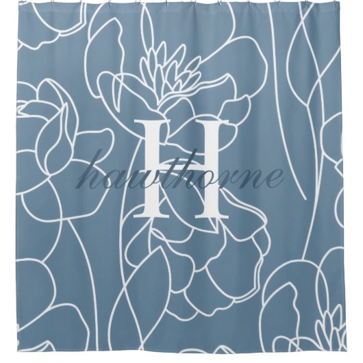 Blue Modern Elegant Wildflower Monogram Name Duschvorhang (Vorderseite)