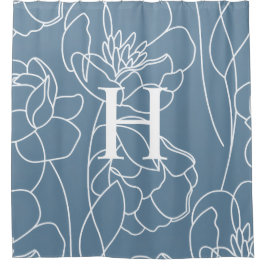 Blue Modern Elegant Wildflower Monogram Name Duschvorhang