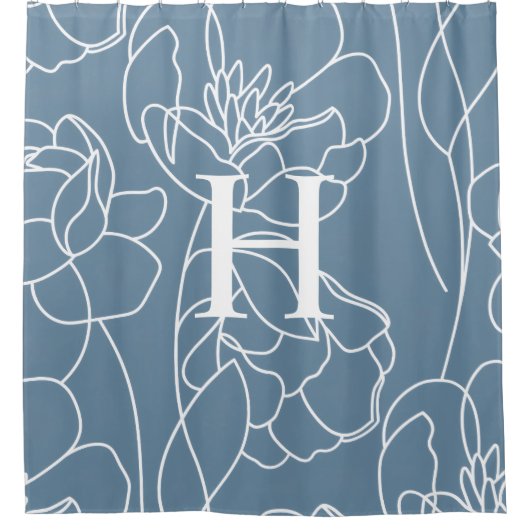 Blue Modern Elegant Wildflower Monogram Name Duschvorhang (Vorderseite)