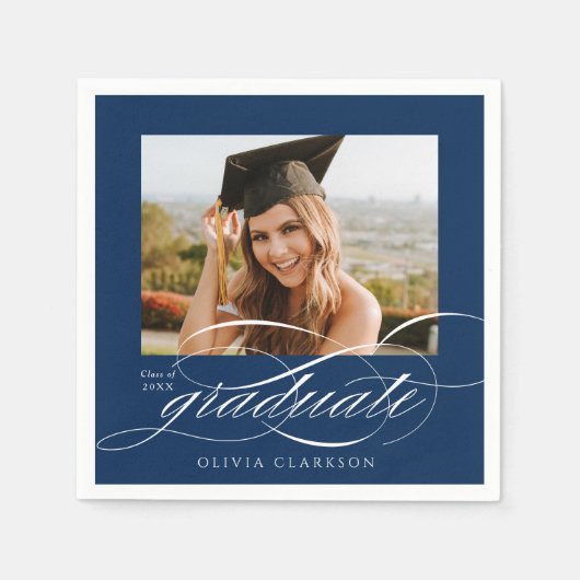 Blue Modern Elegante Script Foto Graduation Party Serviette (Vorderseite)