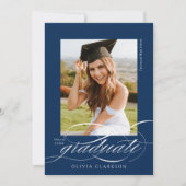 Blue Modern Eleganter Script Foto Abschluss Ankündigung (Vorderseite)
