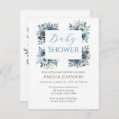 Blue Modern Floral Watercolor Babydusche Einladung (Vorne/Hinten)