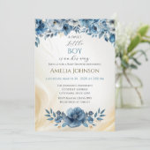 Blue Modern Floral Watercolor Babydusche Einladung (Stehend Vorderseite)