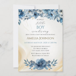 Blue Modern Floral Watercolor Babydusche Einladung