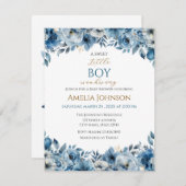 Blue Modern Floral Watercolor Babydusche Einladung (Vorne/Hinten)