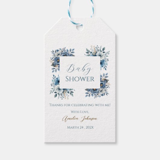 Blue Modern Floral Watercolor Babydusche Geschenkanhänger (Vorderseite)