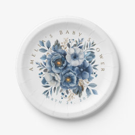Blue Modern Floral Watercolor Babydusche Pappteller