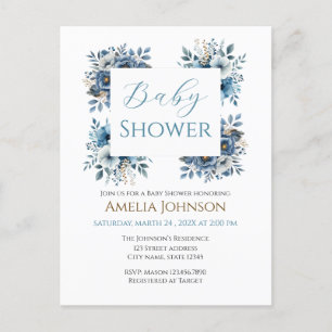 Blue Modern Floral Watercolor Babydusche Postkarte