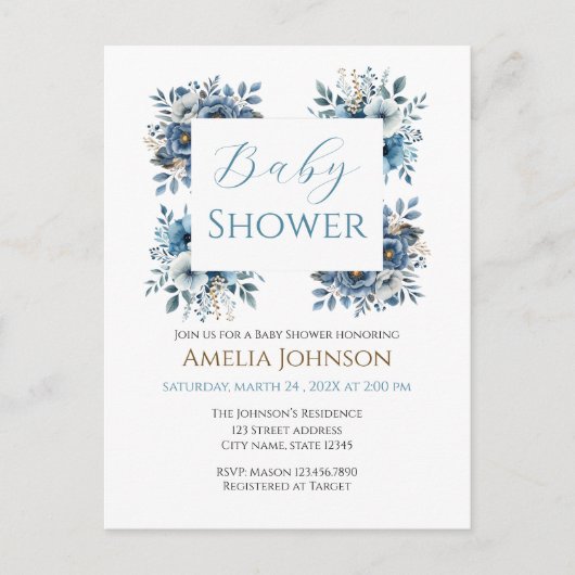 Blue Modern Floral Watercolor Babydusche Postkarte (Vorderseite)