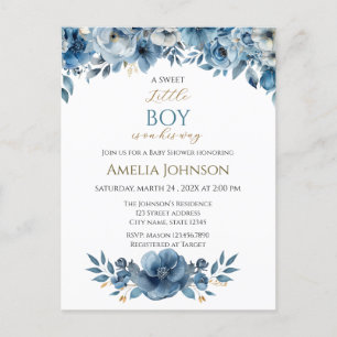 Blue Modern Floral Watercolor Babydusche Postkarte