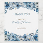 Blue Modern Floral Watercolor Babydusche Weinetikett (Einzelnes Label)