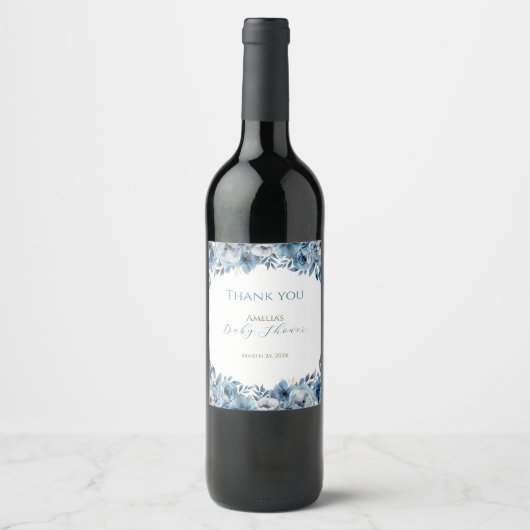 Blue Modern Floral Watercolor Babydusche Weinetikett (Vorderseite)