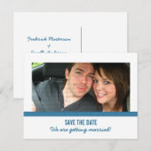 Blue Modern Foto Save the Date Postkarte (Vorne/Hinten)