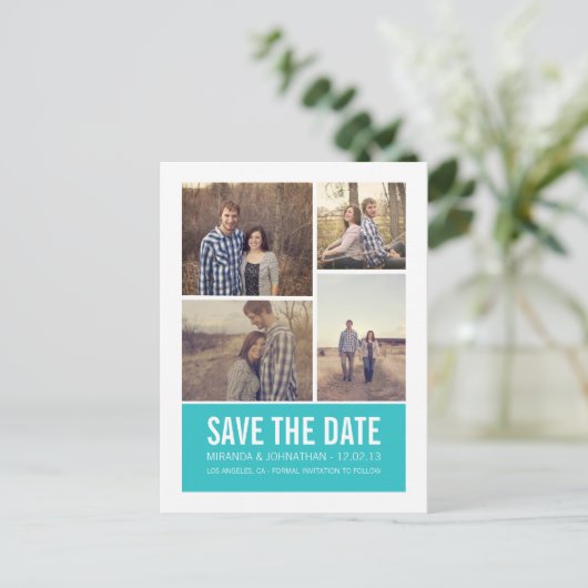 Blue Modern Foto Save the Date Postkarten (Stehend Vorderseite)