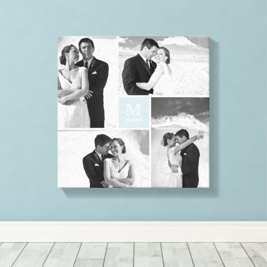 Blue Modern Grid Monogram Wedding 4 Foto Collage Leinwanddruck (Insitu (Holzboden))