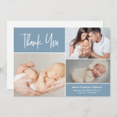 Blue Modern Handschrift Baby Foto Collage Dankeskarte (Vorne/Hinten)