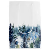 Blue Modern Merry xmas Bäume Wald Raindei Mittlere Geschenktüte (Rückseite)