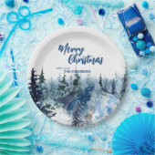 Blue Modern Merry xmas Bäume Wald Raindei Pappteller (Party)