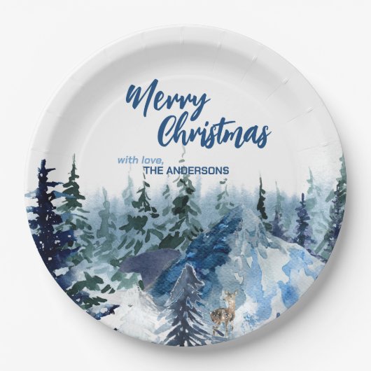 Blue Modern Merry xmas Bäume Wald Raindei Pappteller (Vorderseite)